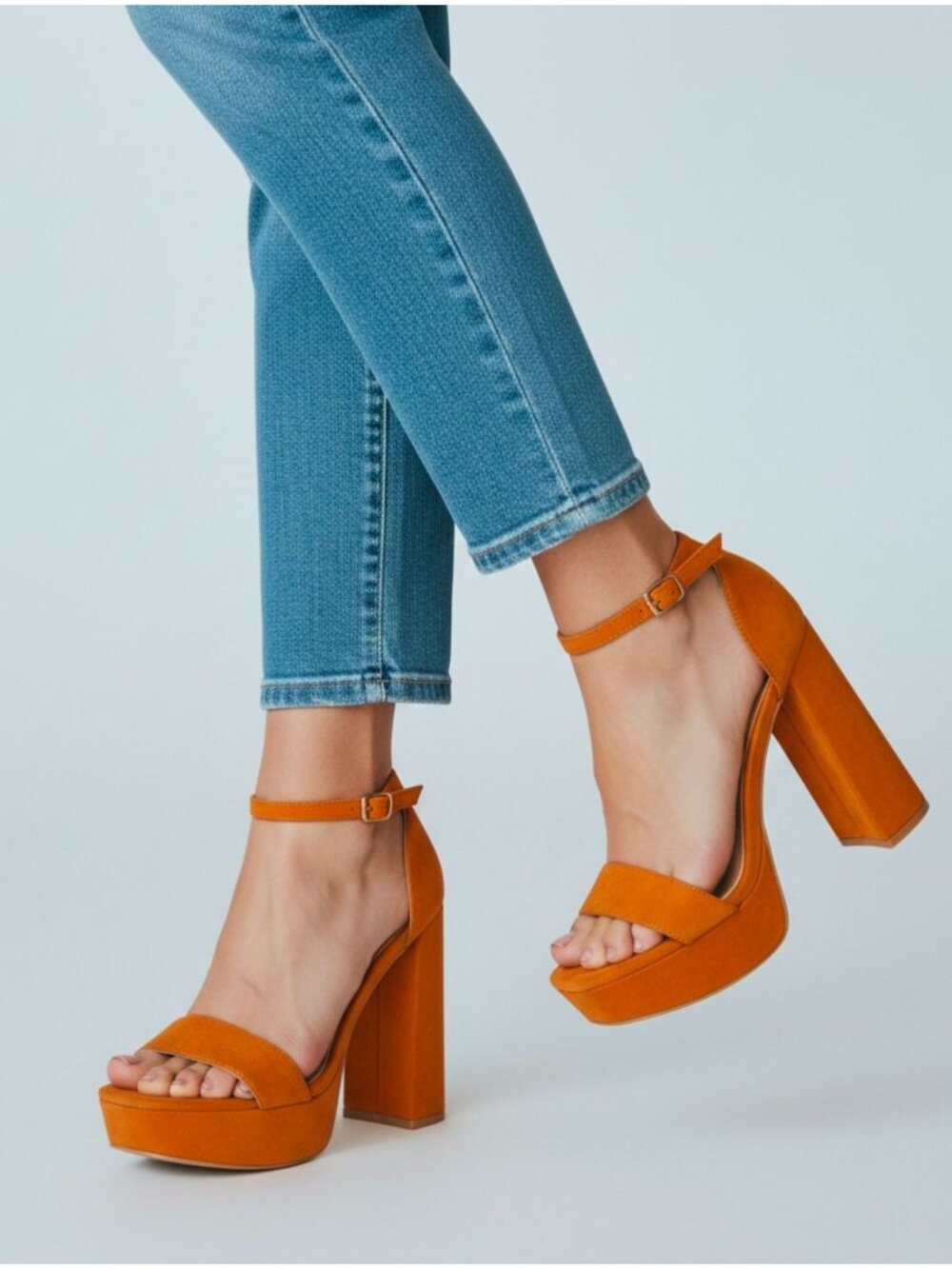 Chunky Block Heels In Camel Faux Suede With Adjustable Ankle Strap Womens Platfo